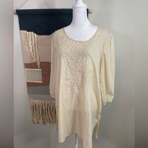 5 for 25 SWEET MAGNOLIA Oatmeal Boho Peasant Embroidered Beaded tunic Top L